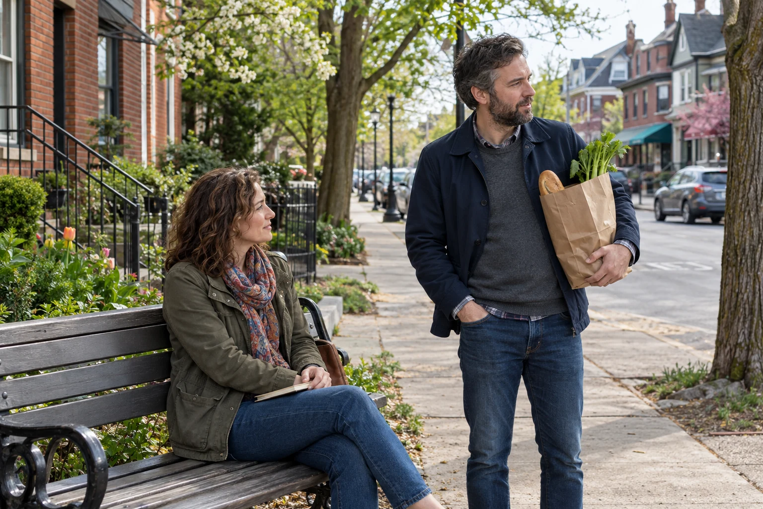 A comparison visit with an ordinary errand A woman sits on a public bench with a closed notebook while a man stands beside her carrying a paper grocery bag with bread and celery.