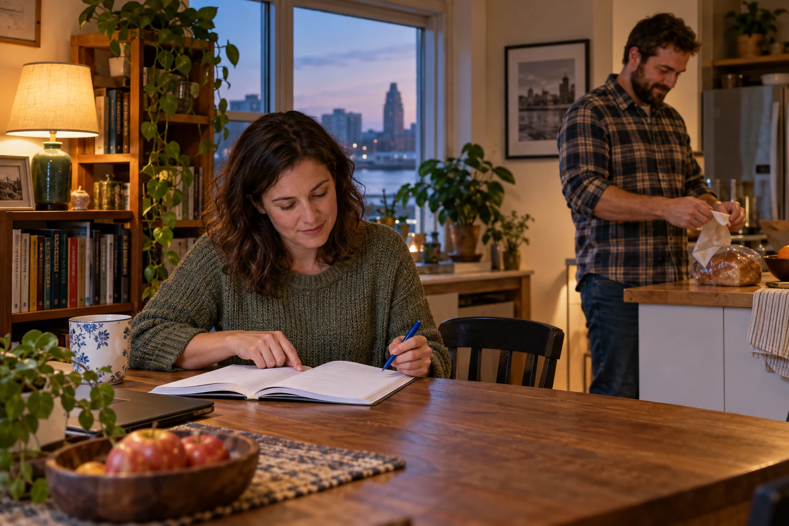 Time for a funded learning chapter A woman rests a finger on an open workbook and holds a blue pen while a man unwraps bread at a separate kitchen counter.