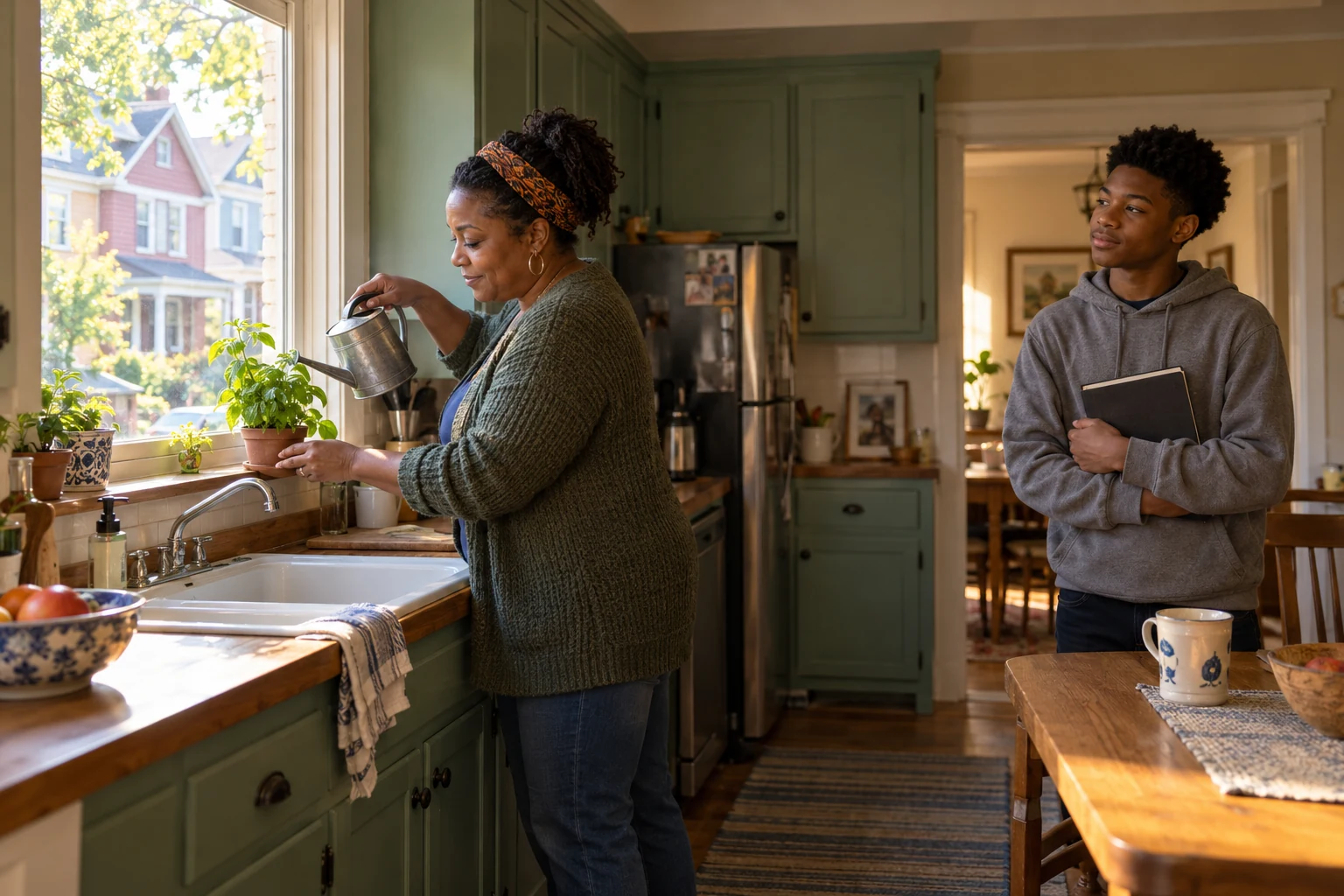 Keeping a useful part of the Buffalo week A woman waters a small herb pot over a kitchen sink while a teenager holding a closed book watches from beside the table.