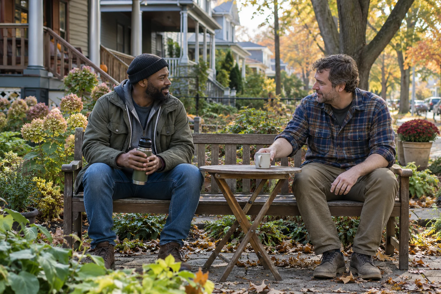 Keeping a friendship in the ordinary year Two men talk from opposite ends of a garden bench, one holding a thermos while the other places a mug on a small folding table.