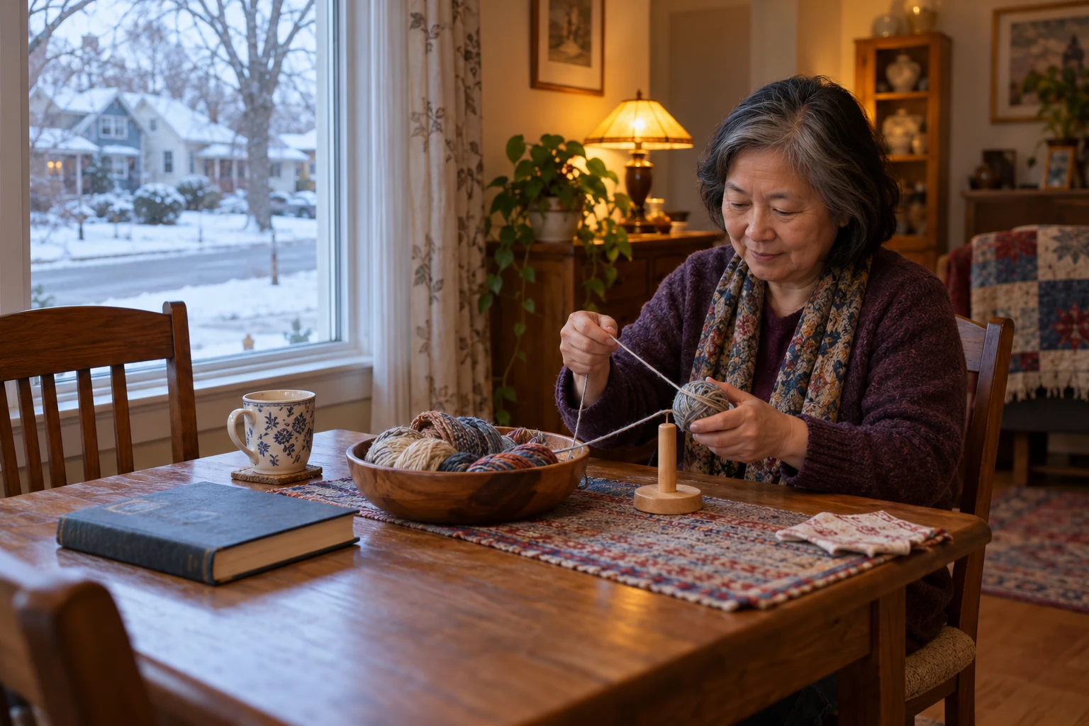 An independent interest after the working pattern changes An older woman winds yarn into a small ball at a wooden table beside a bowl of wool, a closed book and a mug.