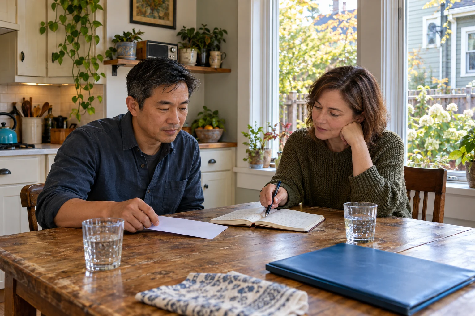 Comparing the next household month A man rests a hand on a white envelope while a woman writes in an open notebook beside two water glasses and a closed blue folder.
