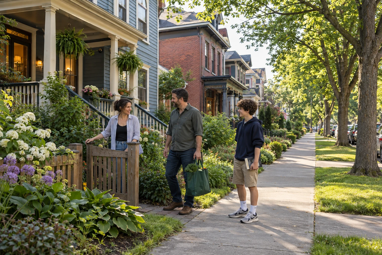 Coming home to a Buffalo porch A woman stands at a wooden garden gate beside a man carrying a grocery tote and a teenager holding a closed book on a leafy residential street.