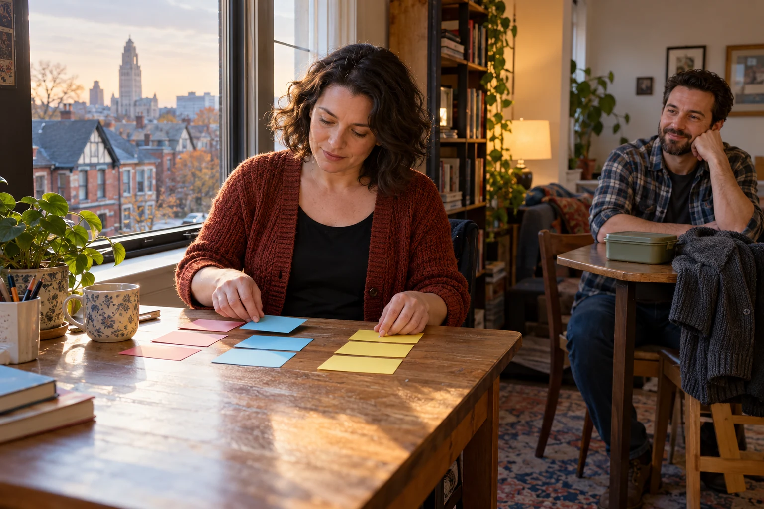 Room for preparation after the shift A woman arranges blank colored cards on a wooden table while a man sits at a separate small surface beside a closed lunch tin and folded cardigan.