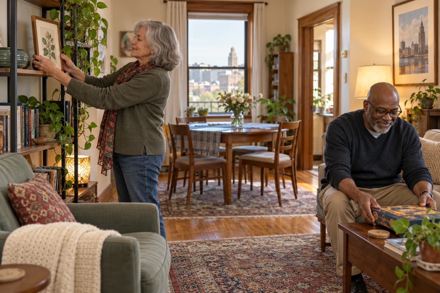 Keeping the interests in a smaller layout A woman places a framed botanical print on a narrow shelf while a seated man sets a board-game box on a low table.
