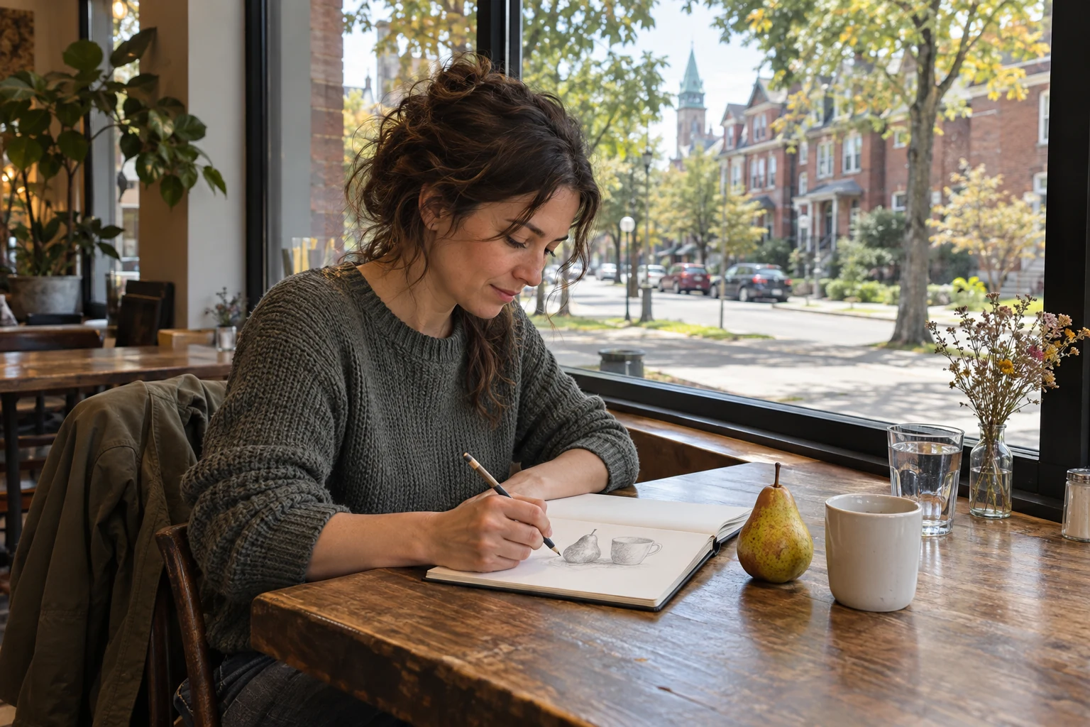 A local interest while moving alone A woman draws a pear and cup in an open sketchbook at a cafe table beside the real pear, a plain mug and a water glass.