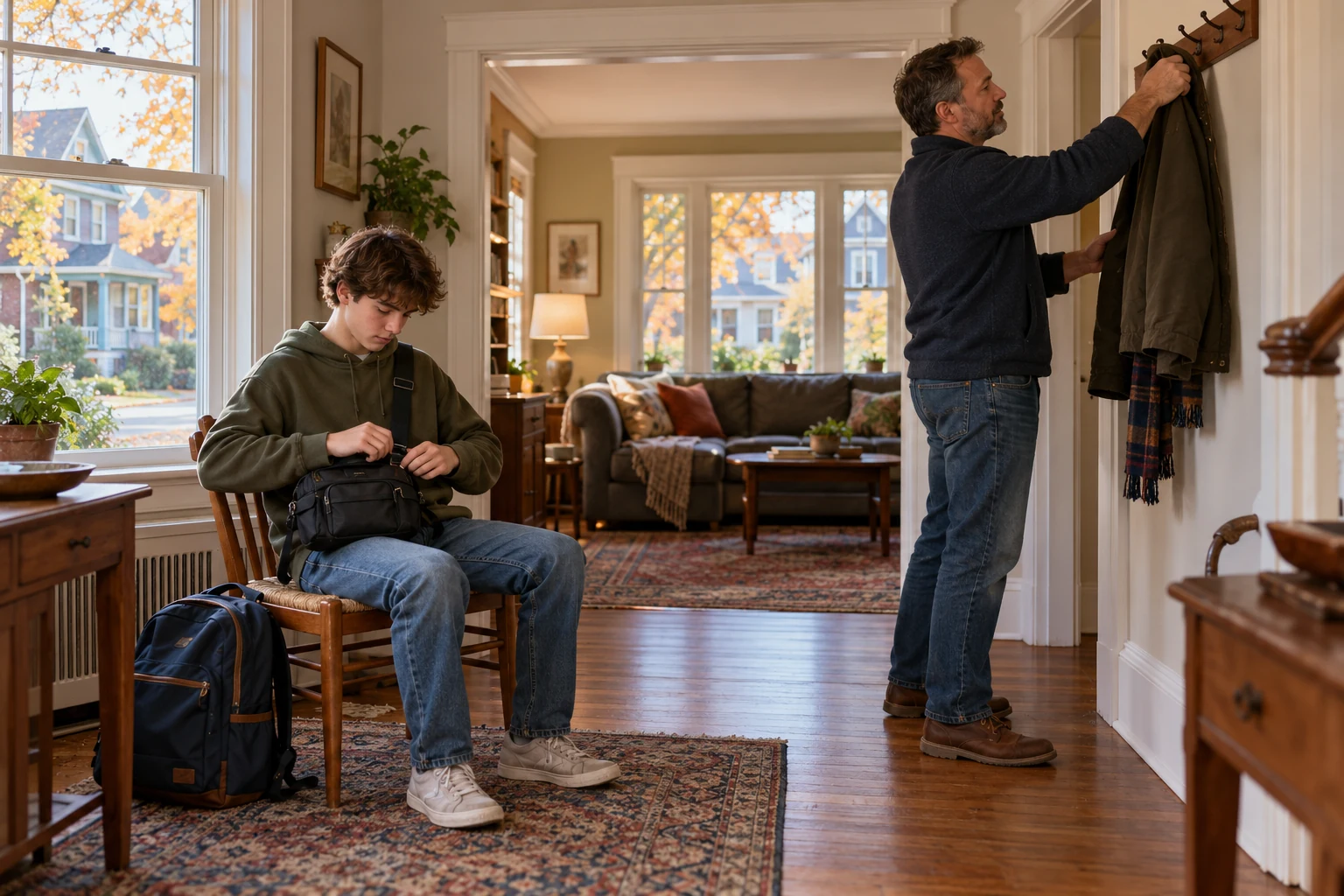 An afternoon with an independent interest A seated teenager adjusts a closed camera bag while an adult hangs a jacket on a wooden hook in a home hallway.