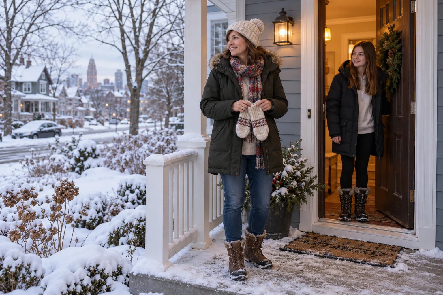 The entrance in the less convenient season A woman holds wool mittens on a partly cleared porch landing while a teenager in winter boots stands inside the open doorway.