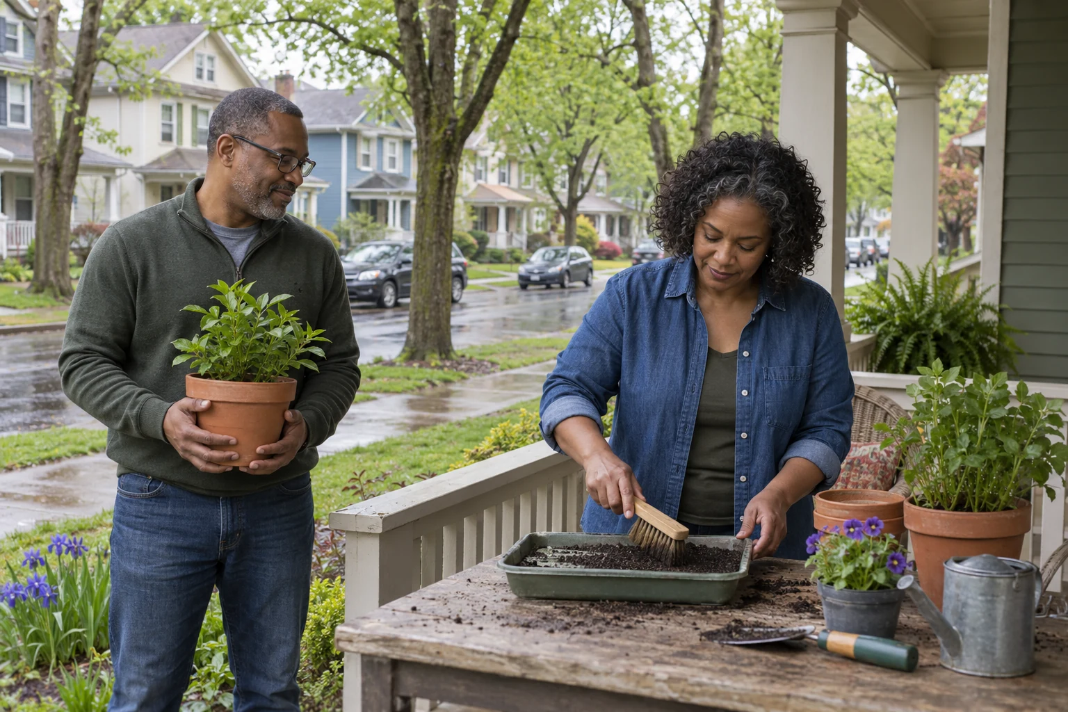 A small growing project on a Cleveland porch A man holds a potted plant while a woman brushes soil inside a shallow tray on a porch table, with neighboring houses and a wet street beyond.