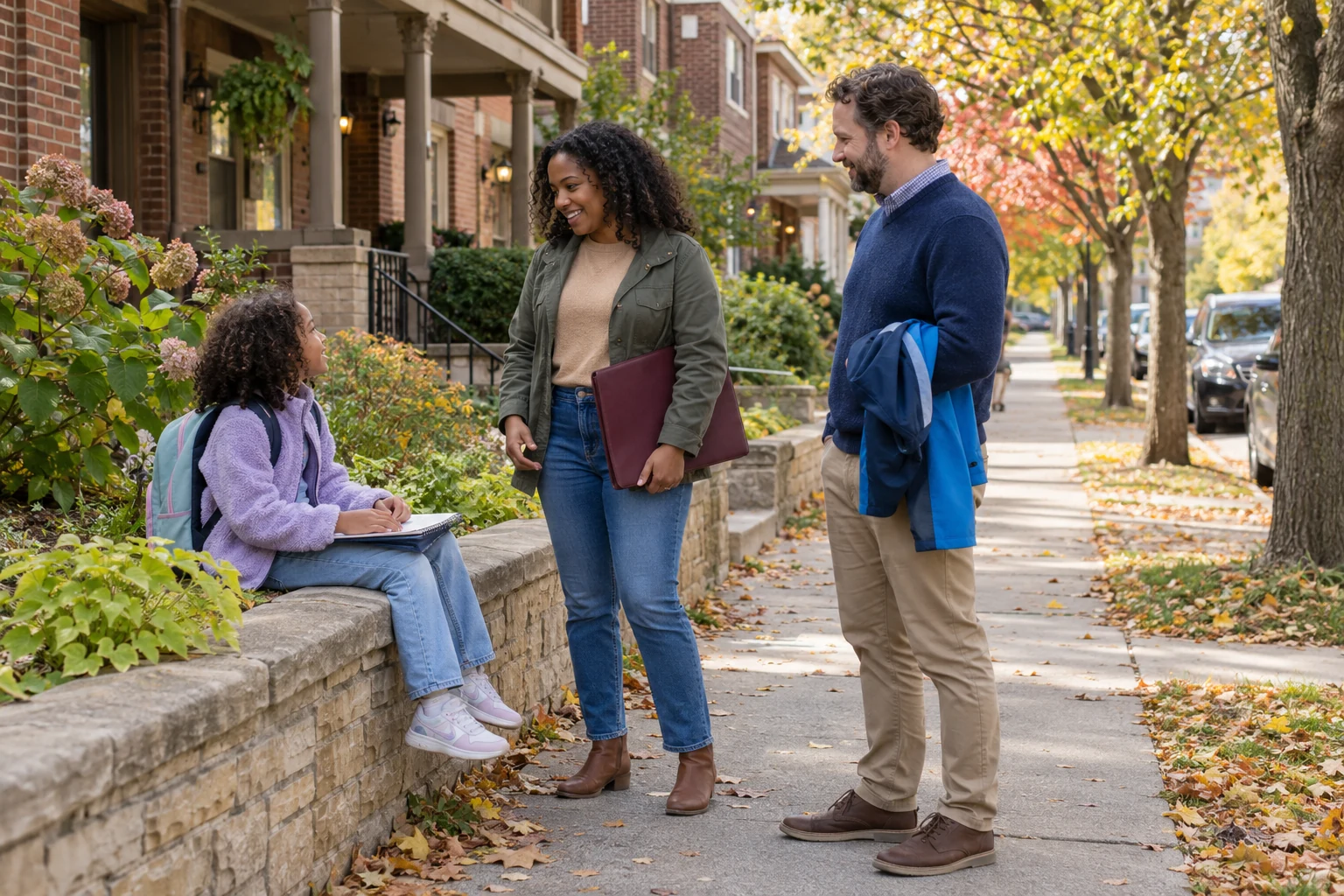 A Columbus afternoon around work and learning A girl draws in a pad on her lap while a woman holds a burgundy folder and a man carries a blue raincoat beside a leafy residential sidewalk.