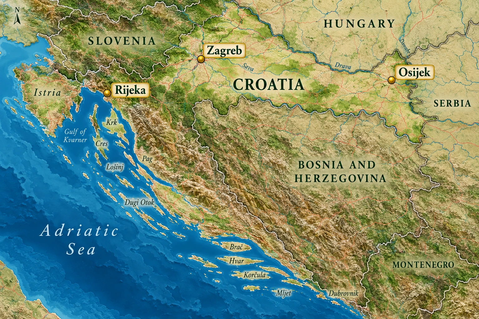 Zagreb and two different Croatian settings A north-up Croatia atlas highlights Zagreb inland by the Sava, Rijeka southwest at the Kvarner Gulf and Osijek farther east inland by the Drava.