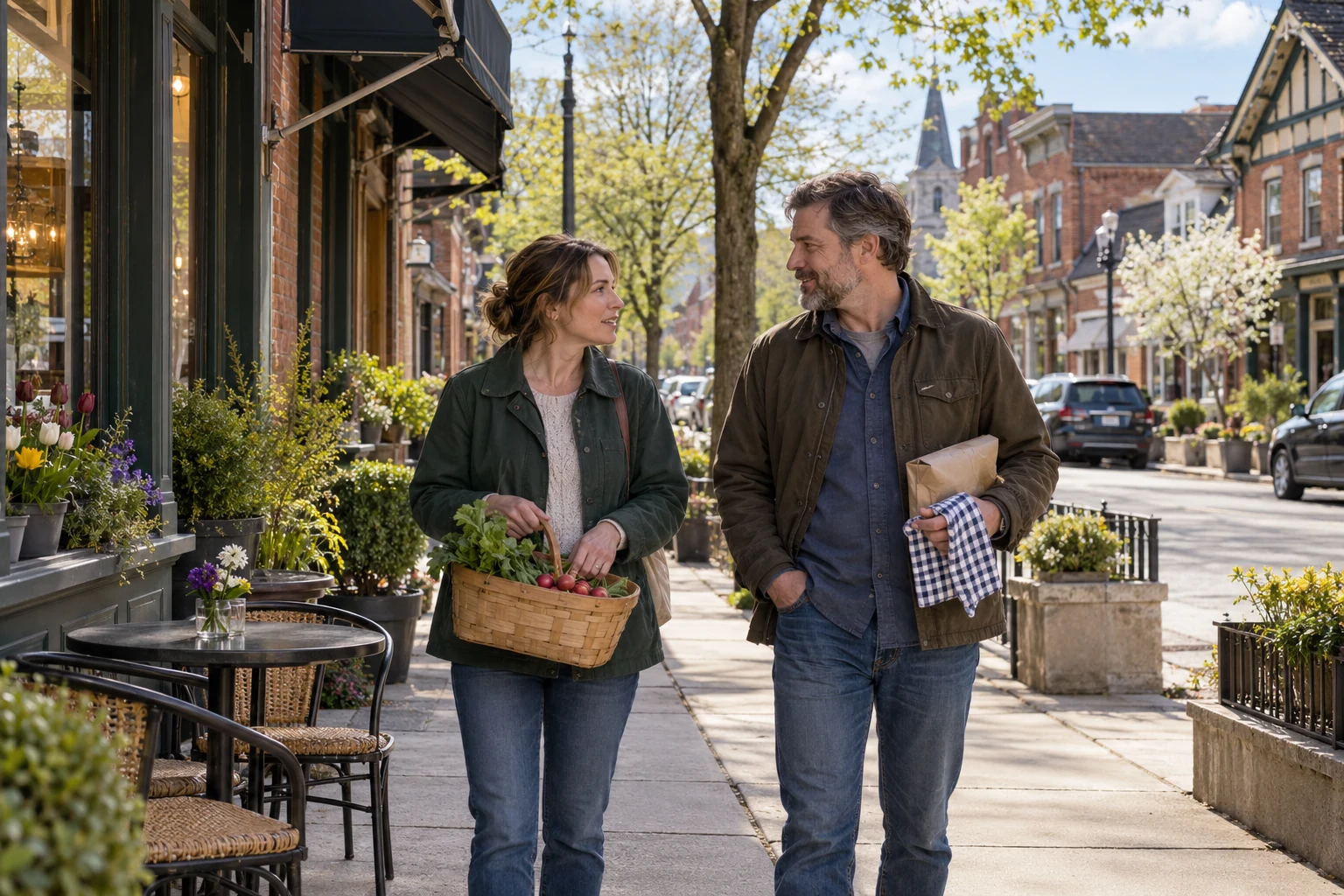 An East Aurora errand with time to talk A woman carries a basket of vegetables beside a man holding a paper parcel and checked cloth on a small street of brick shops.