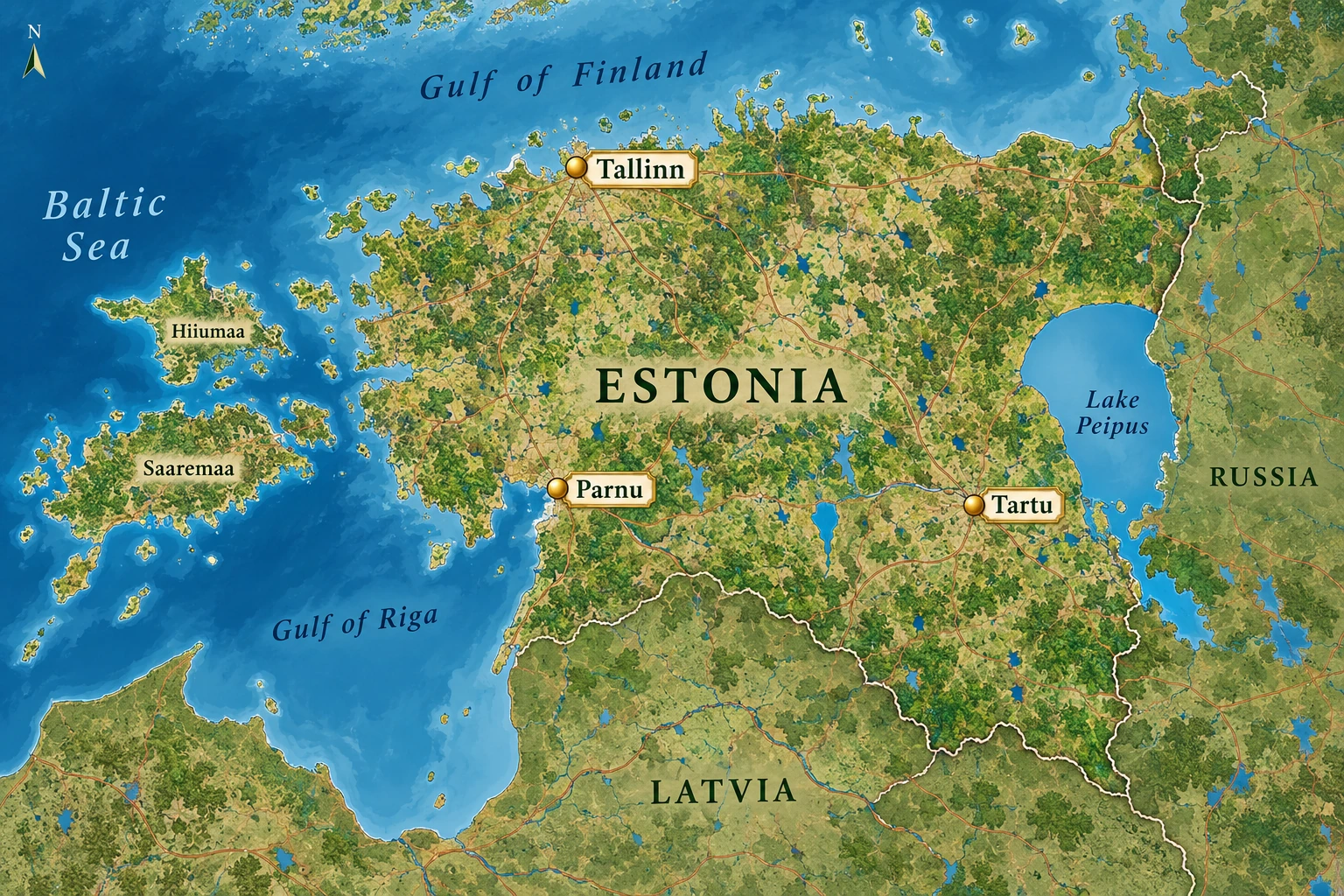 Tallinn and two other Estonian horizons A north-up Estonia atlas marks Tallinn on the northern coast, Parnu at its southwestern bay and Tartu farther east inland, west of Lake Peipus.