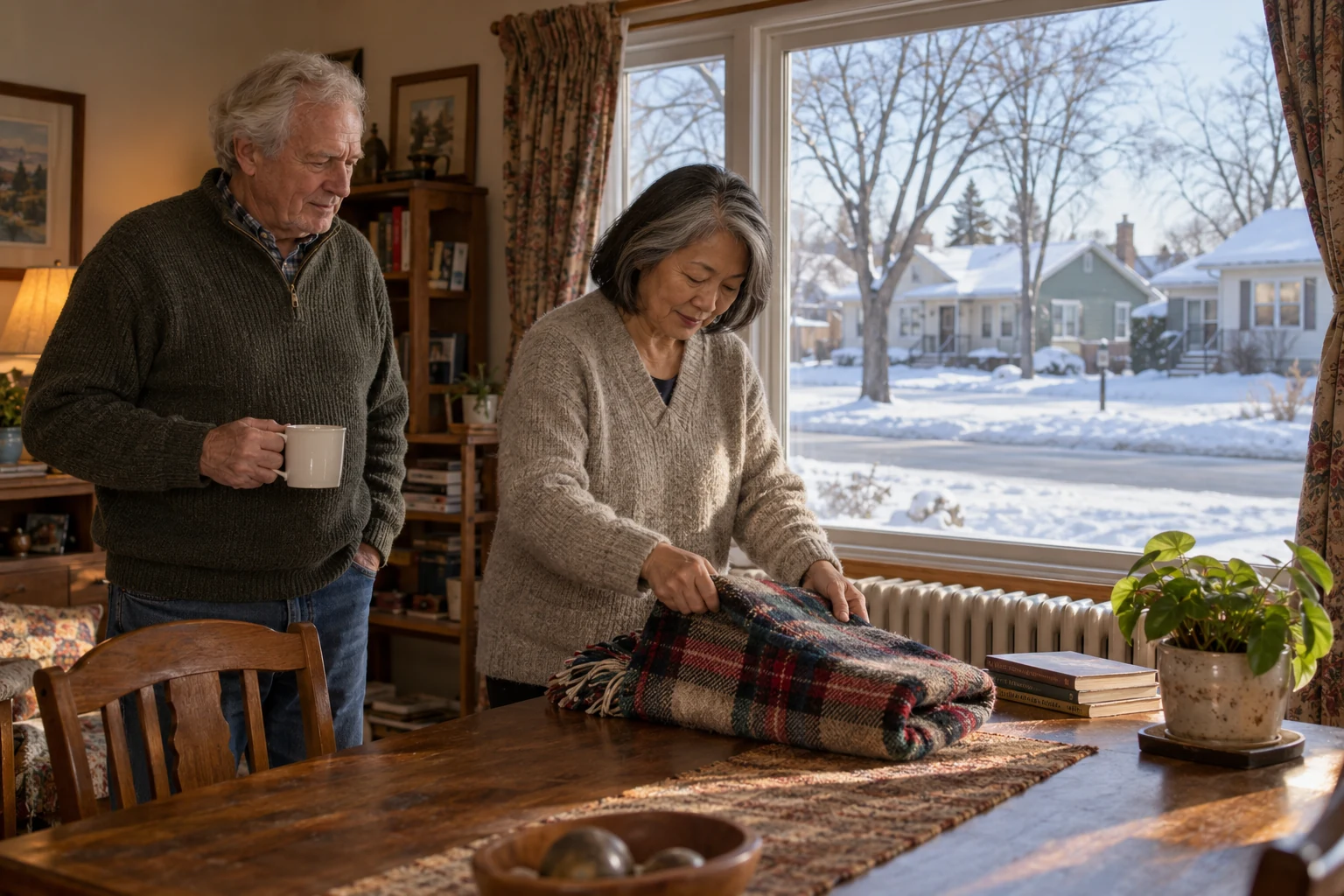 A Fargo winter day at home A man holds a ceramic mug while a woman folds a checked wool blanket on a wooden table beside a window overlooking a snowy residential street.