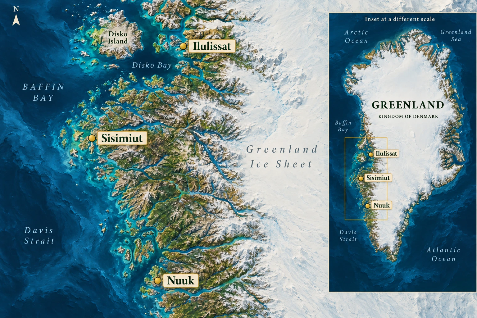 Nuuk and two separate west-coast towns A west Greenland atlas highlights Nuuk, Sisimiut farther north and west, and Ilulissat near Disko Bay, with a full-island locator explicitly shown at a different scale.