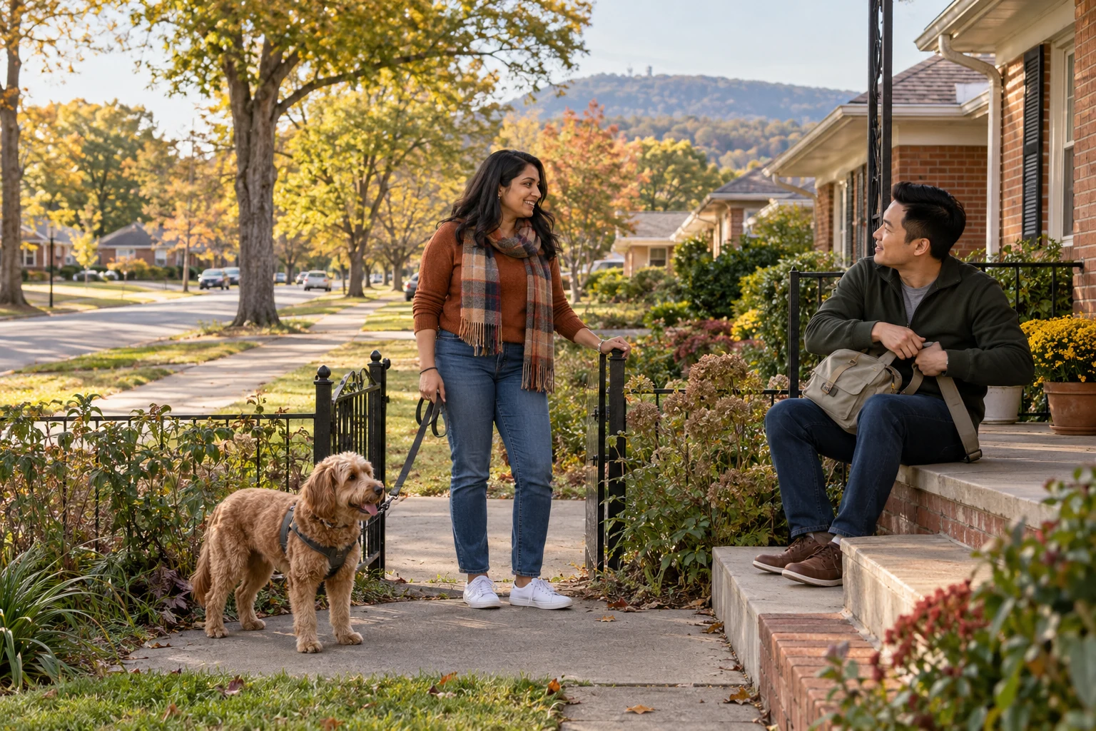 An independent Huntsville afternoon A woman holds a dog’s leash beside a man adjusting a closed day bag on brick porch steps, with low houses and a wooded ridge behind them.