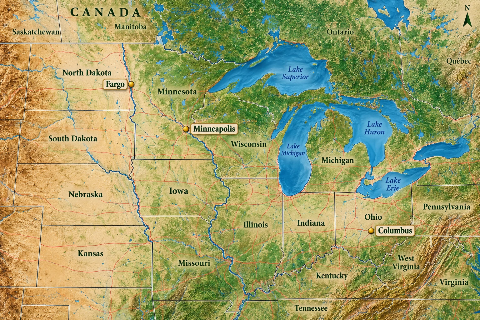 Interior cities with different working and seasonal lives A north-up atlas marks Fargo on the North Dakota side of the Red River, Minneapolis southeast on the Mississippi and Columbus farther southeast in central Ohio.