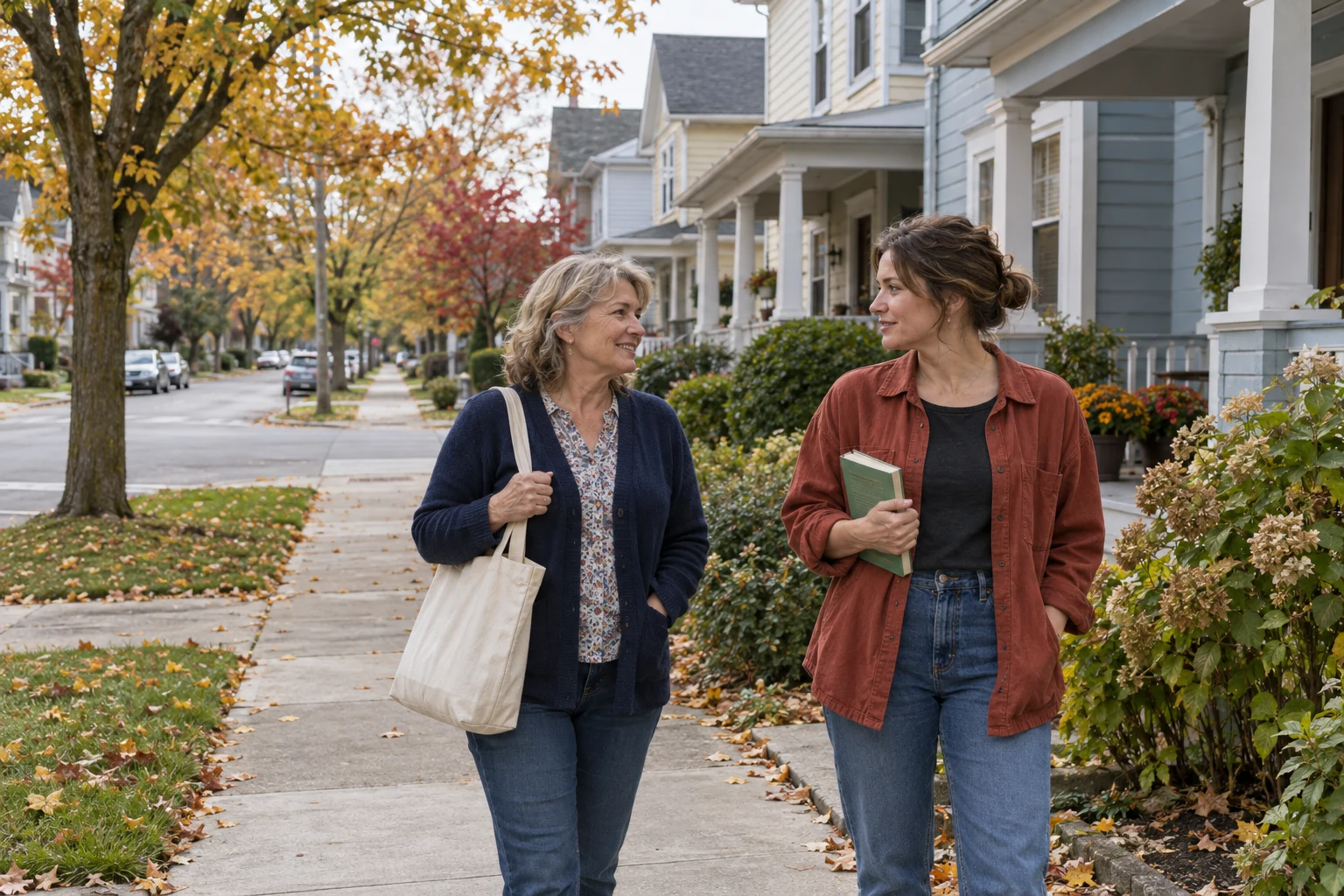 A conversation after a Kenmore errand Two women pause on a sidewalk, one holding a green paperback and the other carrying a cloth tote beside pale painted houses and autumn trees.
