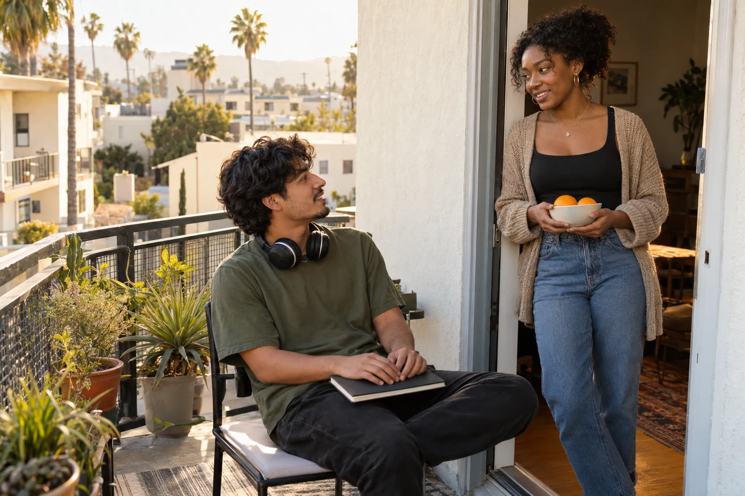 A Los Angeles pause after the project day A seated man with headphones around his neck rests his hands on a closed notebook while a woman in the doorway holds a bowl of oranges.