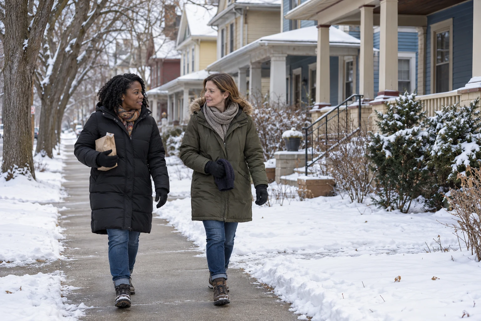 A Minneapolis walk between working days Two women in winter coats walk on a cleared sidewalk, one holding a paper bread bag and the other carrying a dark knit hat beside snow-covered front gardens.