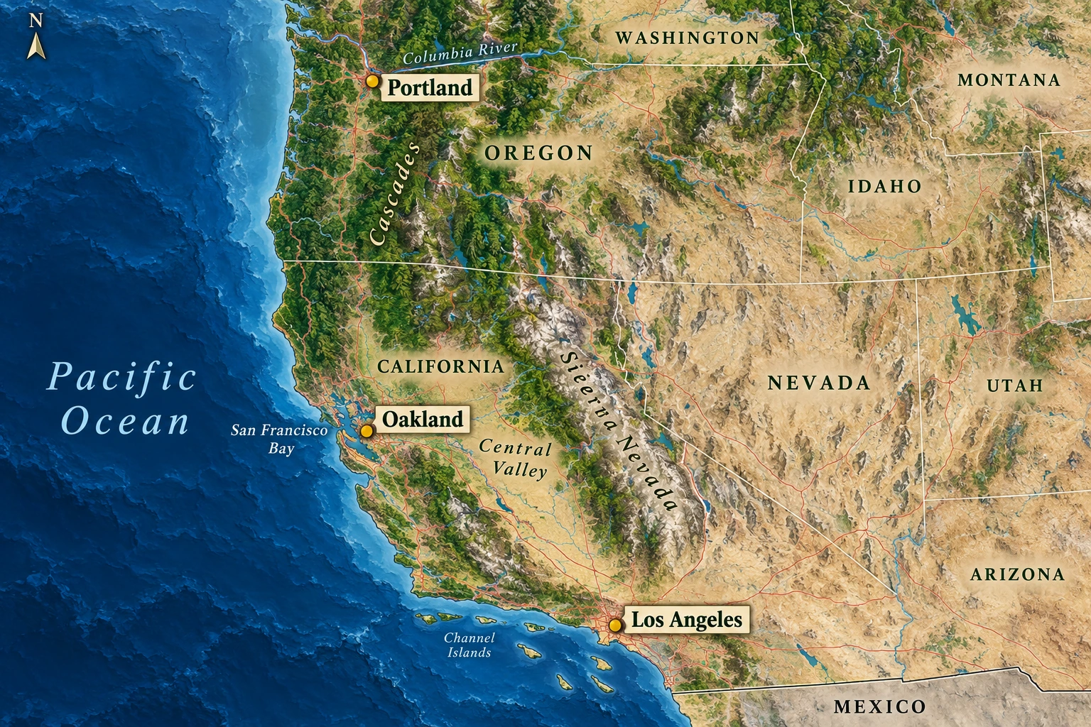 Three distinct Pacific city routines A north-up Pacific coast atlas highlights Portland inland in Oregon, Oakland on the east side of San Francisco Bay and Los Angeles farther southeast in southern California.
