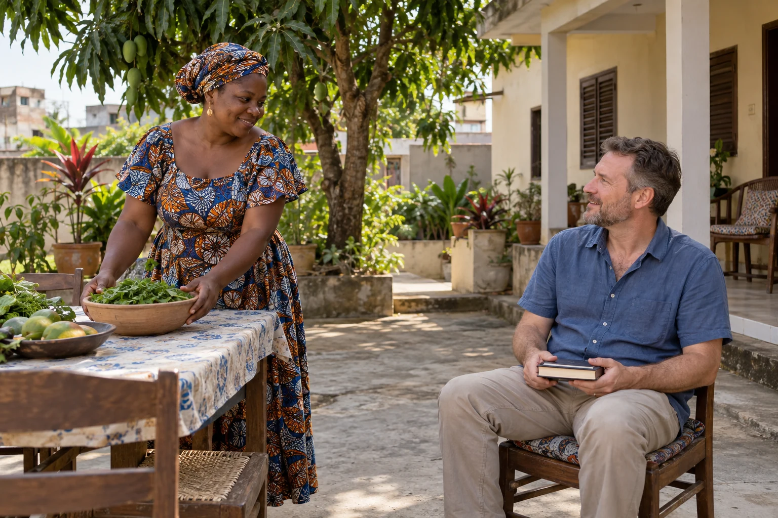 A Porto-Novo afternoon around a family home A woman places a bowl of leafy vegetables on a courtyard table while a seated man holds closed books on his lap beneath a mango tree.