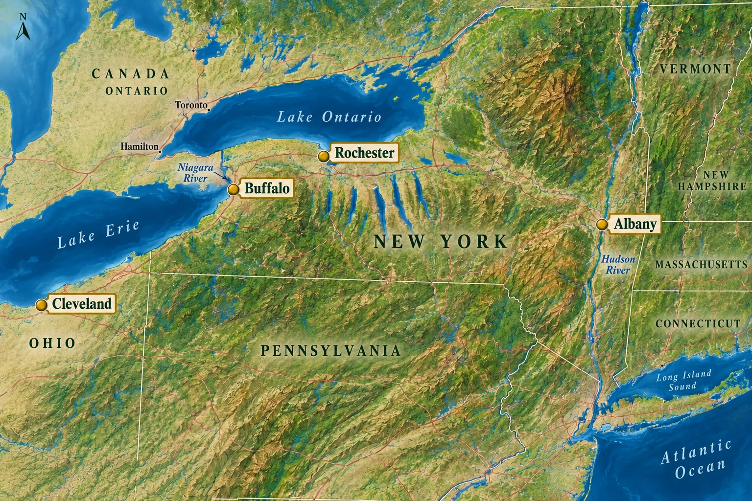 Three regional beginnings from Buffalo A north-up relief atlas highlights Cleveland on Lake Erie’s southern shore, Buffalo at its eastern end, Rochester south of Lake Ontario and Albany farther east by the Hudson.