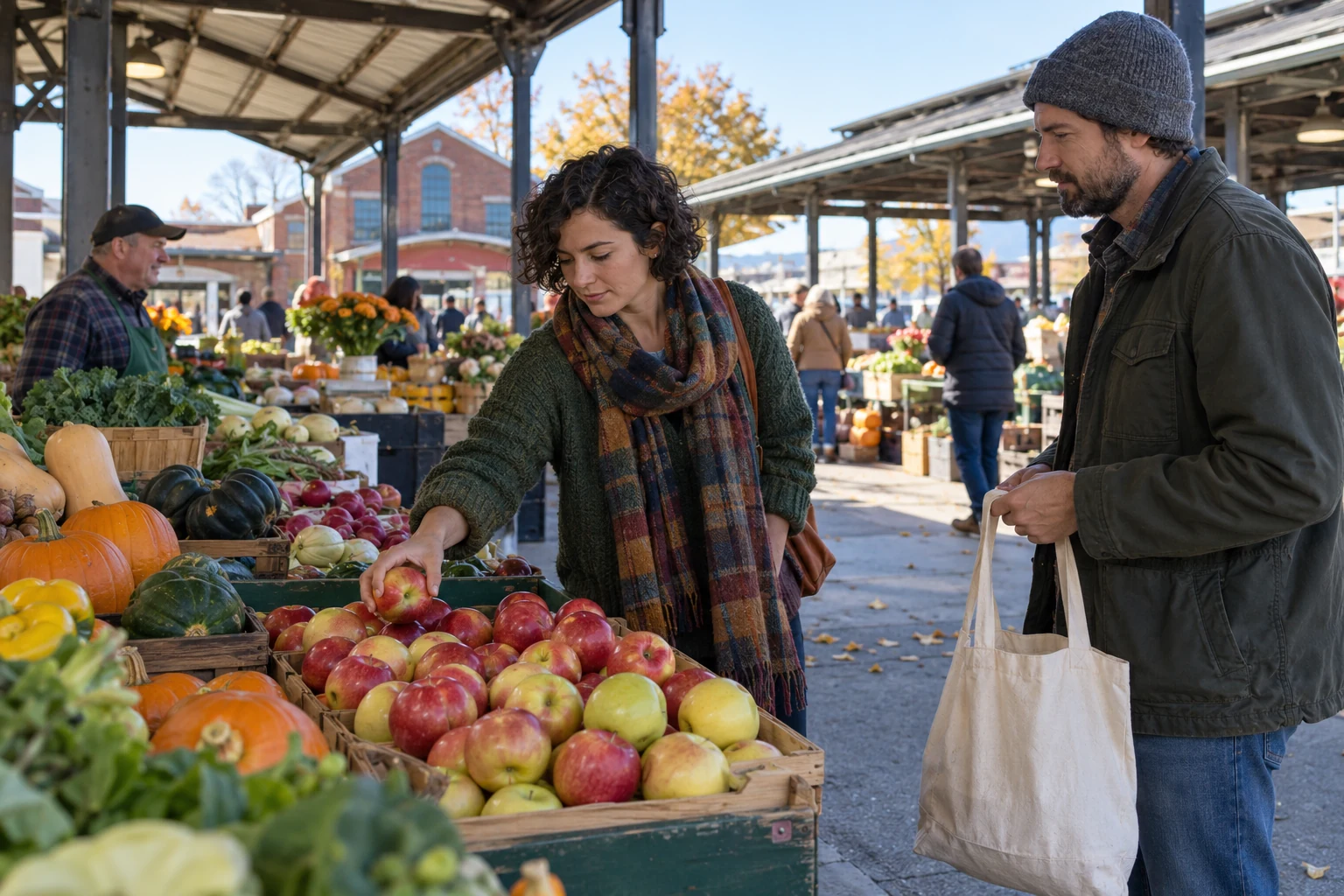 A Rochester market morning A woman chooses an apple from a produce table while a man holds a cloth grocery bag in a roofed outdoor market aisle.