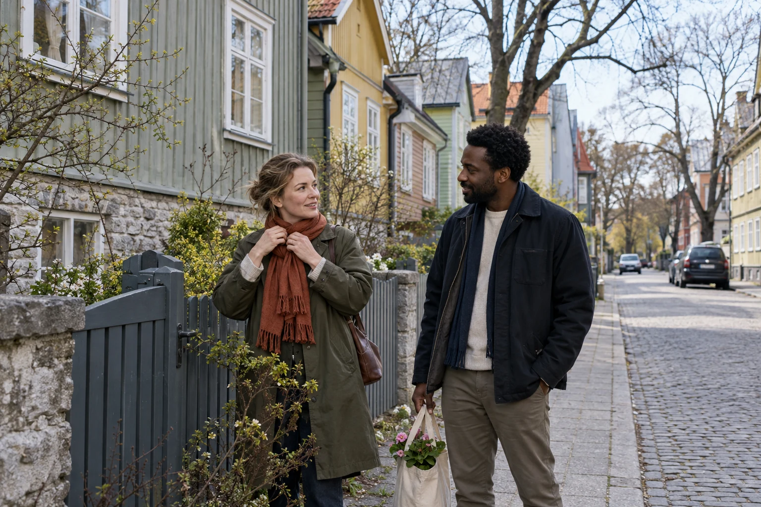 A Tallinn neighborhood beginning A woman adjusts a rust-colored scarf beside a man carrying a flowering plant in a cloth bag on a quiet street of painted timber houses.