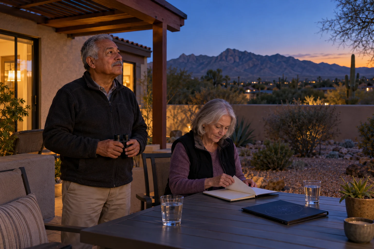 A Tucson evening around a shared interest An older man holds binoculars at waist height while a seated woman turns a notebook page beside water glasses in a desert courtyard at dusk.