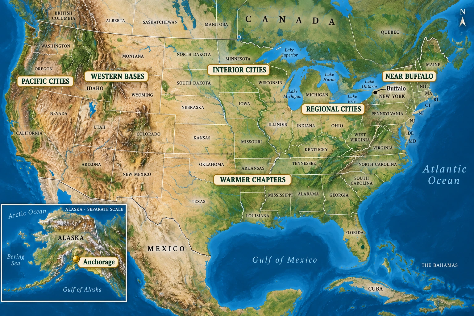 US horizons from Buffalo with a separate Alaska scale A detailed US atlas labels six broad editorial horizons and Buffalo in western New York, with Anchorage marked in an Alaska inset explicitly shown at a separate scale.