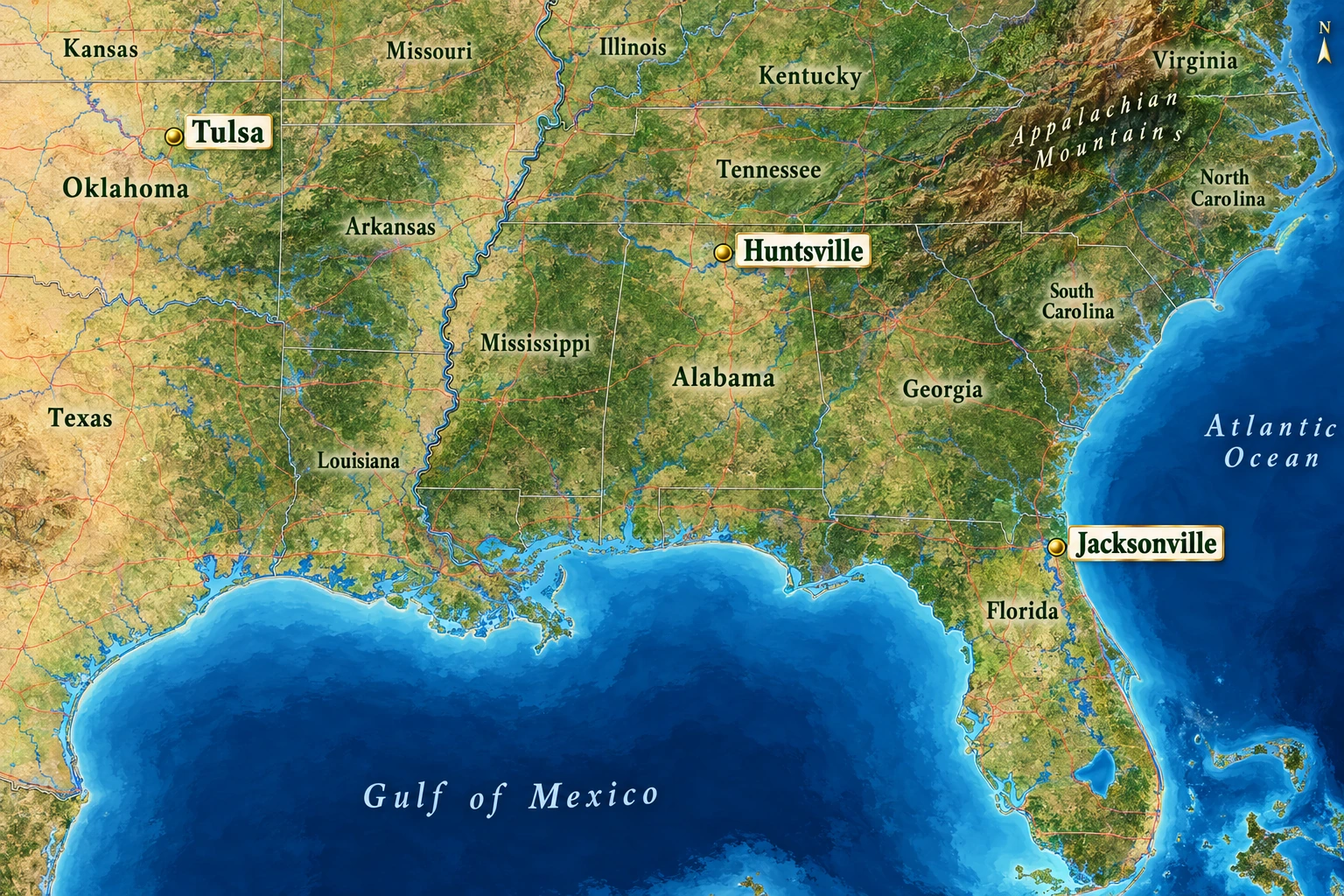 Three different warmer chapters A north-up relief atlas highlights Tulsa in northeastern Oklahoma, Huntsville in northern Alabama and Jacksonville in northeastern Florida beside the Atlantic side of the state.