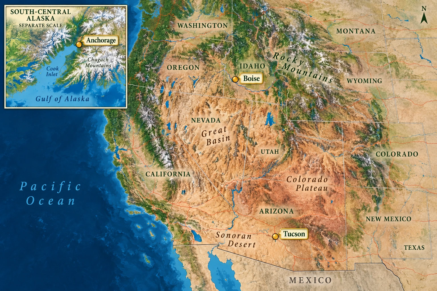 Western bases with a separate south-central Alaska scale A western US atlas marks Boise in southwestern Idaho and Tucson in southern Arizona, with Anchorage at upper Cook Inlet in a separately scaled Alaska inset.