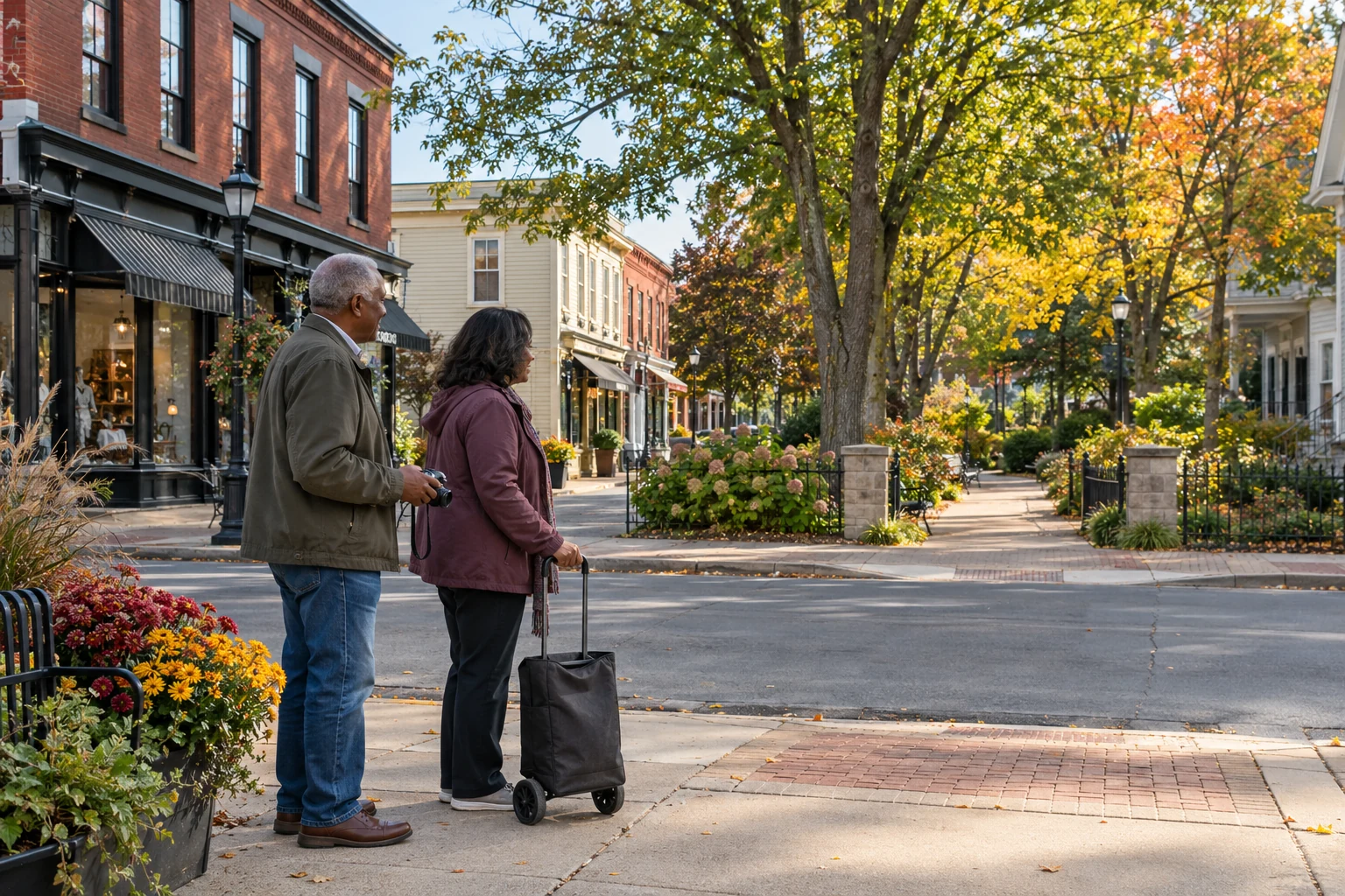 Choosing a short Williamsville outing A man holding a compact camera and a woman with a wheeled shopping bag pause beside a village street facing a leafy path.