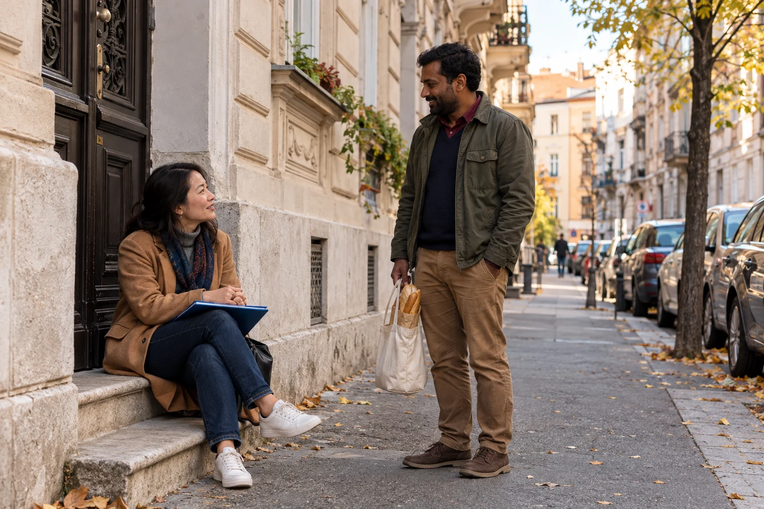A Zagreb pause between work and learning A woman sits on a stone entrance step with a blue folder on her lap while a man stands beside her carrying bread in a cloth bag.