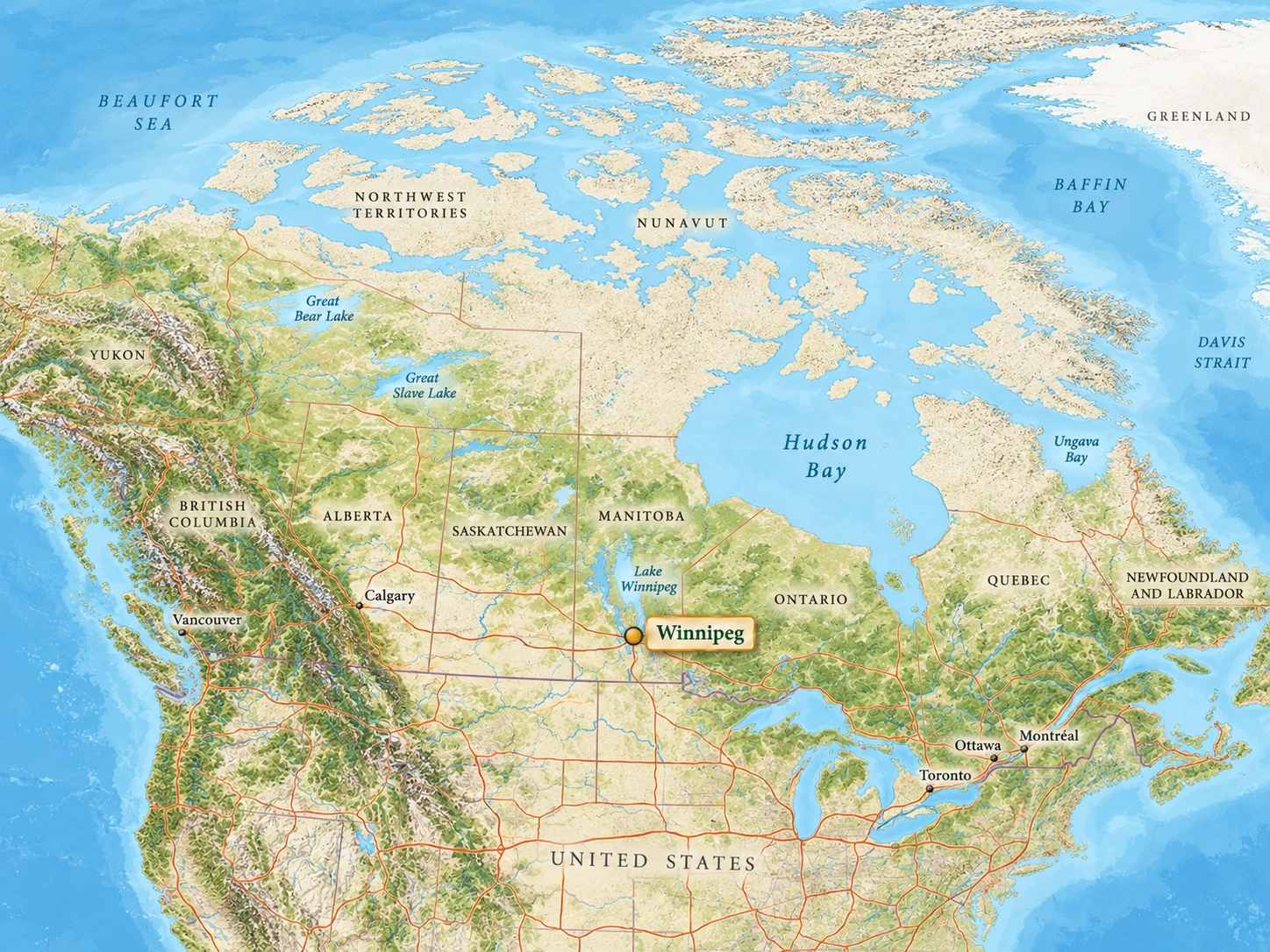 Illustrated Canada map highlighting Winnipeg south of Lake Winnipeg, with other major Canadian cities shown more quietly Illustrated Canada map highlighting Winnipeg south of Lake Winnipeg, with other major Canadian cities shown more quietly