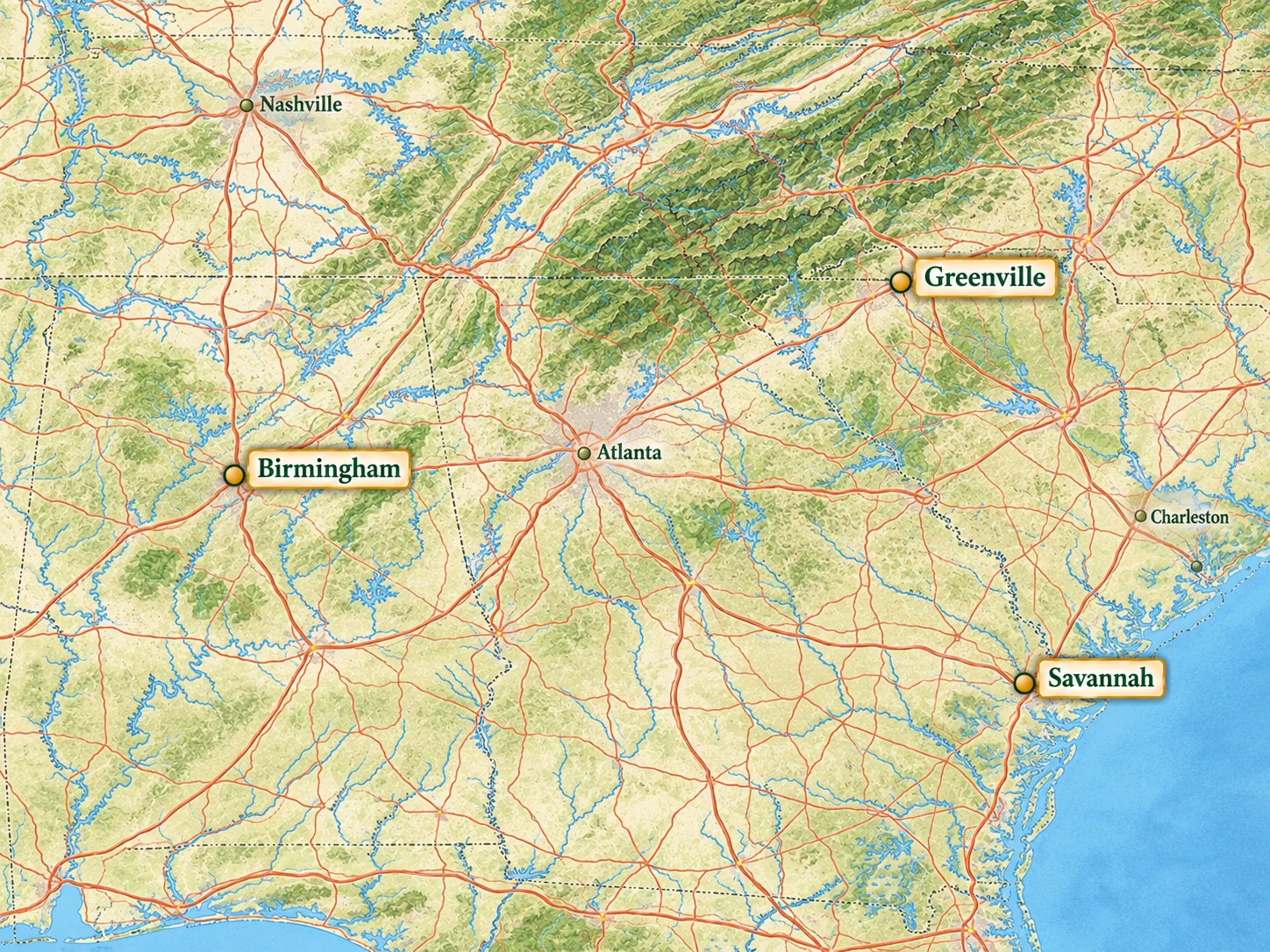 Illustrated map highlighting Greenville in South Carolina, Savannah in Georgia and Birmingham in Alabama Illustrated map highlighting Greenville in South Carolina, Savannah in Georgia and Birmingham in Alabama