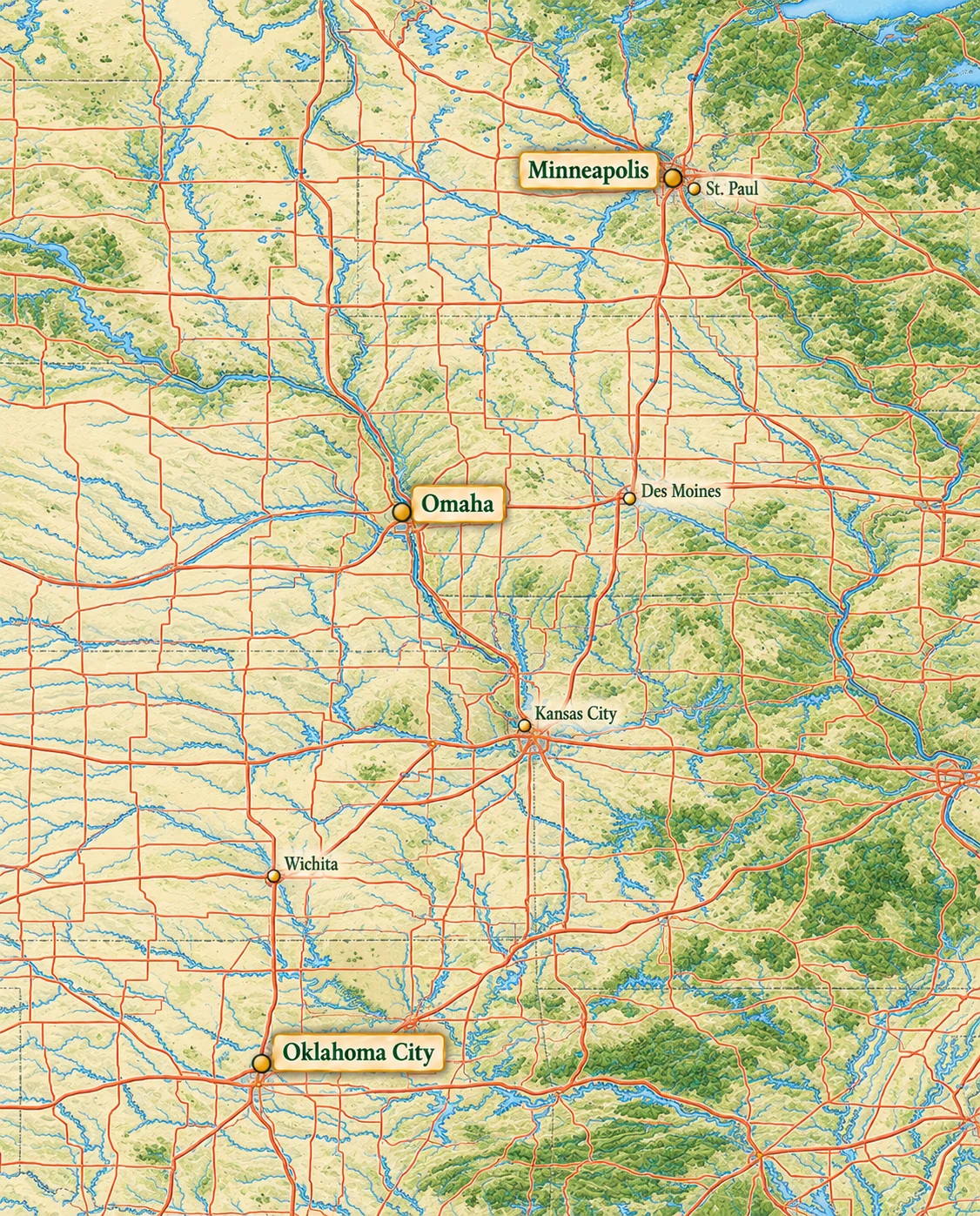 Illustrated map highlighting Minneapolis, Omaha and Oklahoma City across the Midwest and Plains Illustrated map highlighting Minneapolis, Omaha and Oklahoma City across the Midwest and Plains