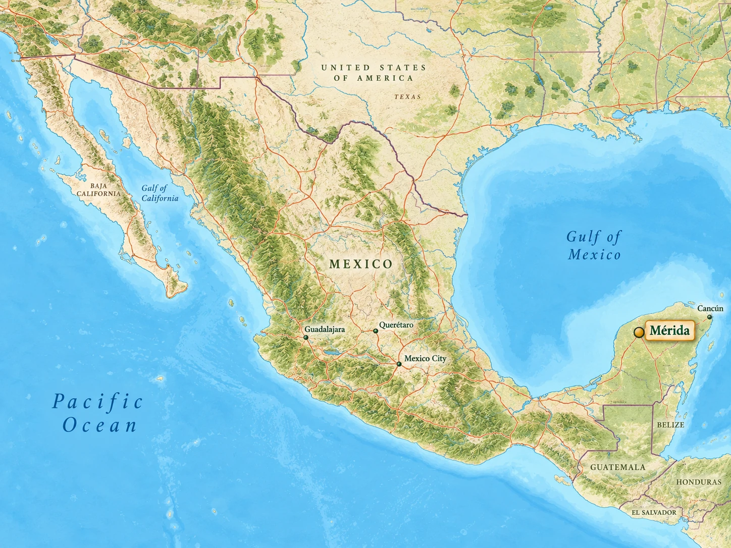 Illustrated Mexico map highlighting inland Mérida in northern Yucatán, west of Cancún Illustrated Mexico map highlighting inland Mérida in northern Yucatán, west of Cancún