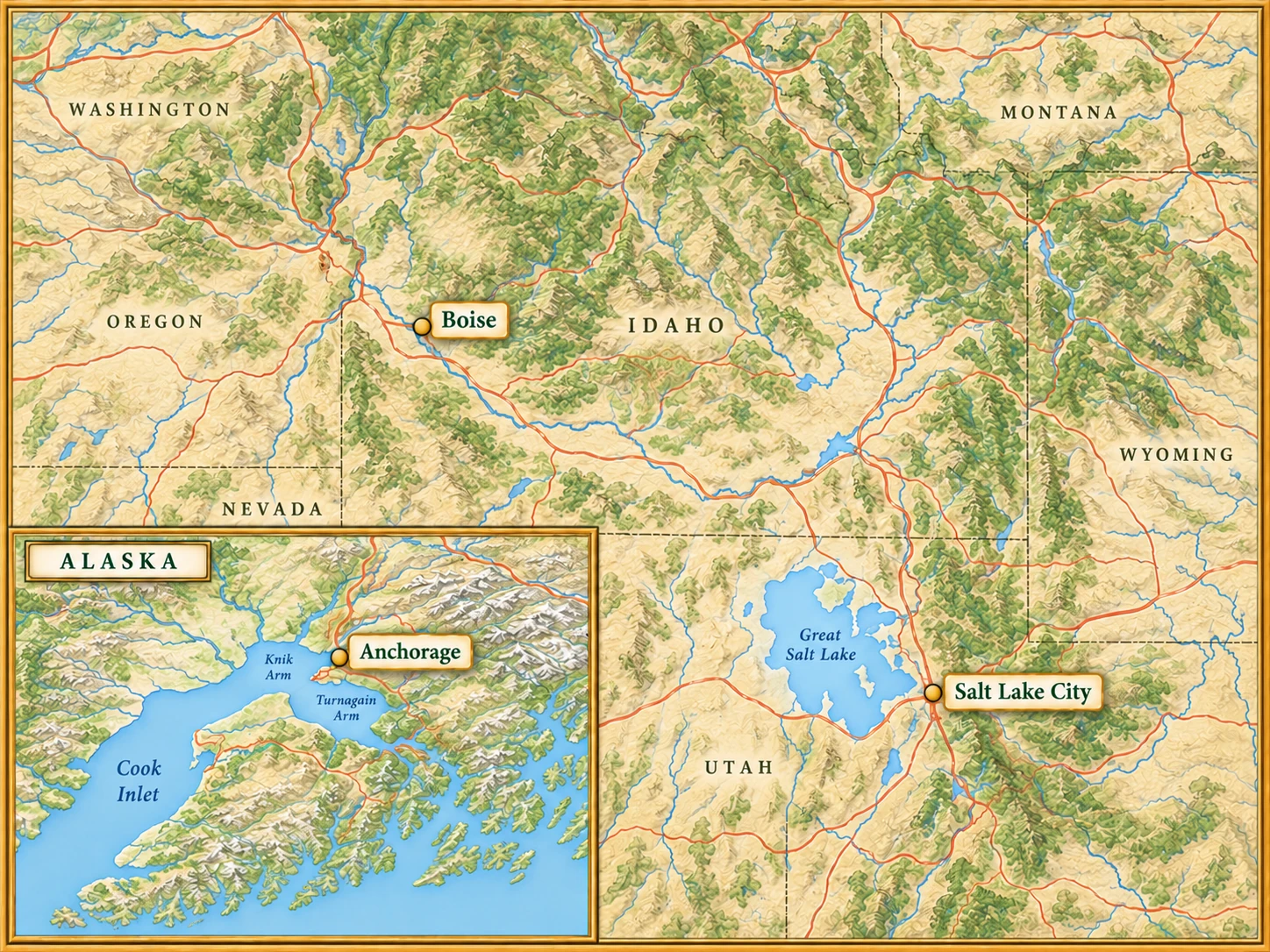 Illustrated map highlighting Boise and Salt Lake City, with Anchorage in a separate Alaska inset Illustrated map highlighting Boise and Salt Lake City, with Anchorage in a separate Alaska inset