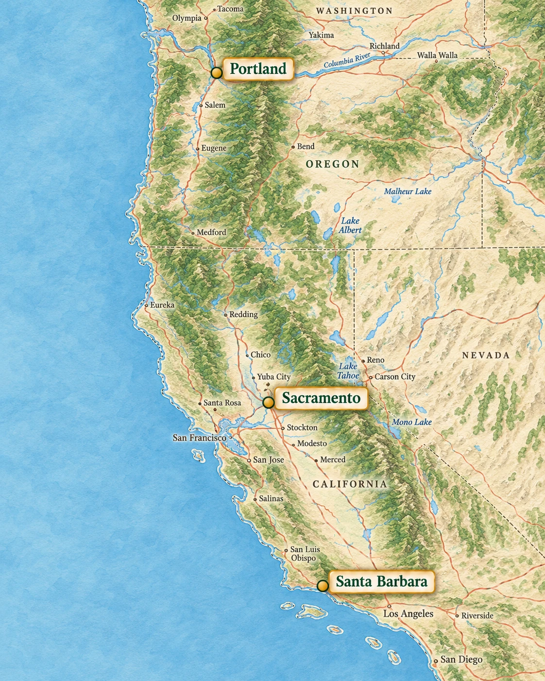 Illustrated map highlighting inland Portland and Sacramento and coastal Santa Barbara Illustrated map highlighting inland Portland and Sacramento and coastal Santa Barbara