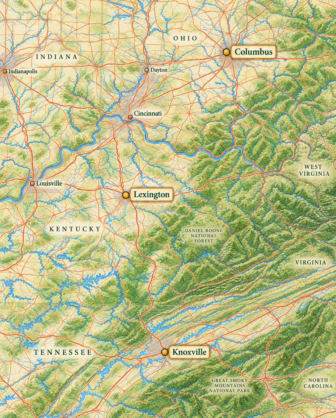 Illustrated map highlighting Columbus, Lexington and Knoxville, with Cincinnati as the smaller origin label Illustrated map highlighting Columbus, Lexington and Knoxville, with Cincinnati as the smaller origin label