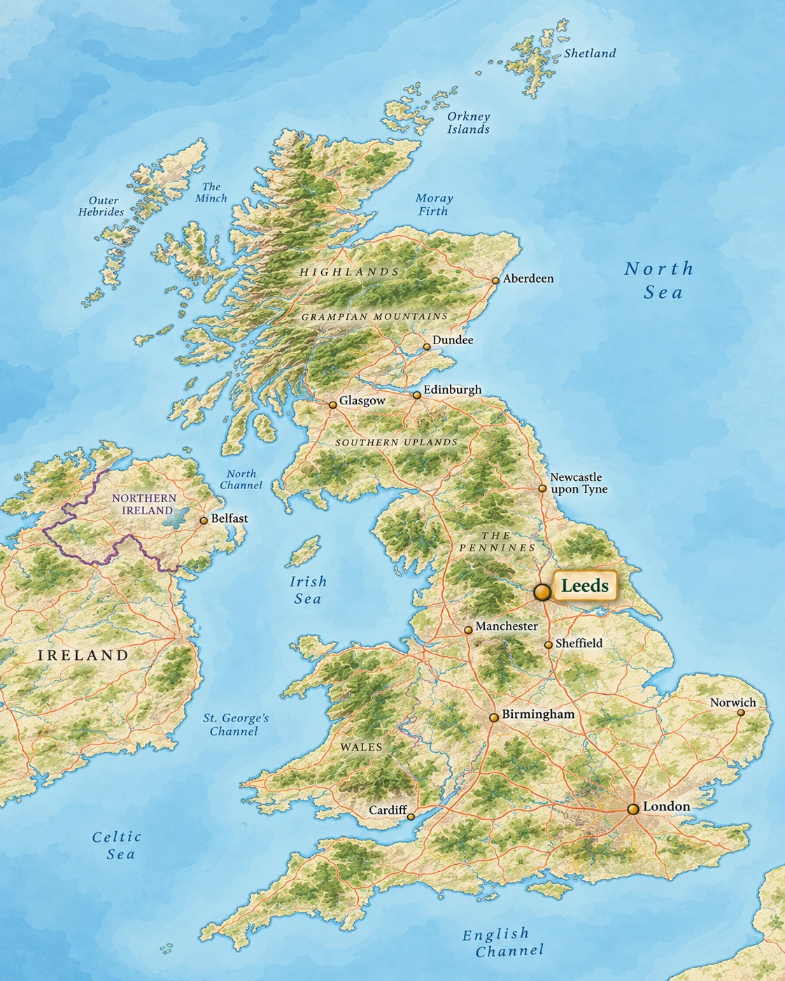 Illustrated map of the United Kingdom and nearby Ireland highlighting Leeds in northern England Illustrated map of the United Kingdom and nearby Ireland highlighting Leeds in northern England