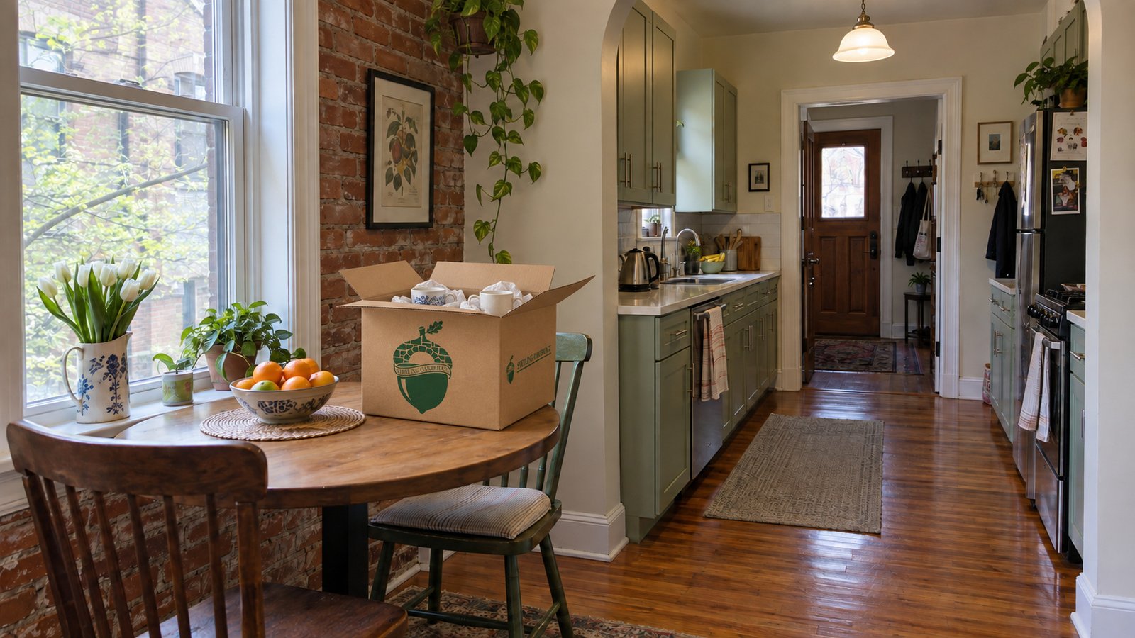 Room for the next household routine Open branded carton with mugs and packing paper on a breakfast table beside a galley kitchen and entry hall