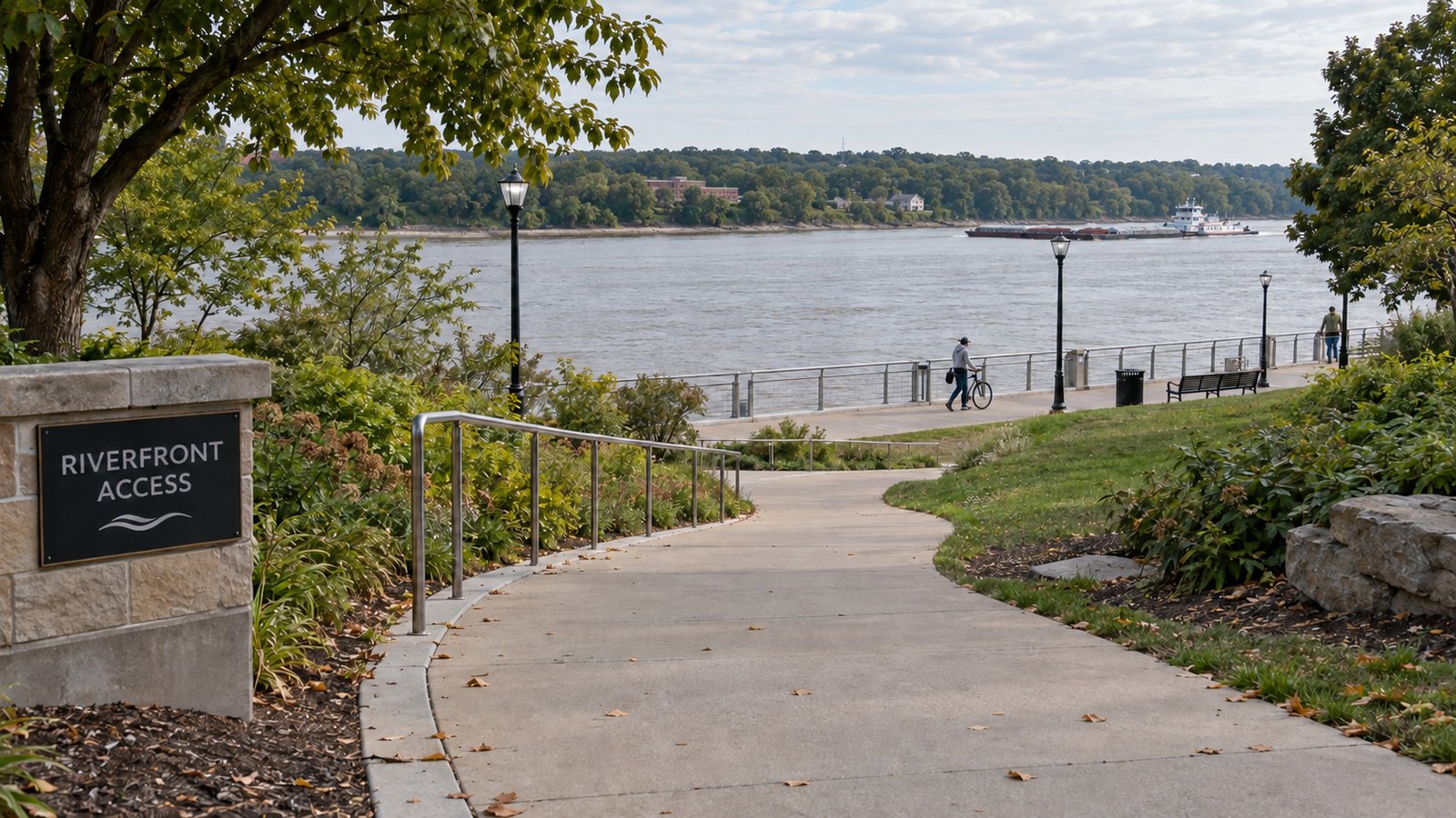Keep the outings that matter Handrailed path leading to a riverfront walk, with a person walking a bicycle, another person near the railing and a tug on the river