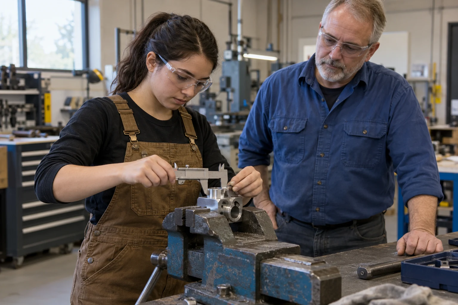 Confirm the learning you would build around A young adult uses a hand caliper beside a metal part in a bench vise while an instructor watches.