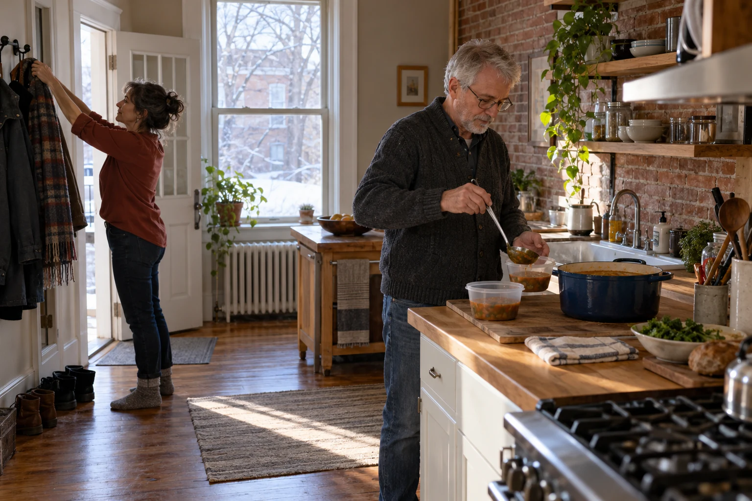 An Albany morning with a home routine A man portions soup into containers in a brick-walled kitchen while a woman hangs a scarf near the door.