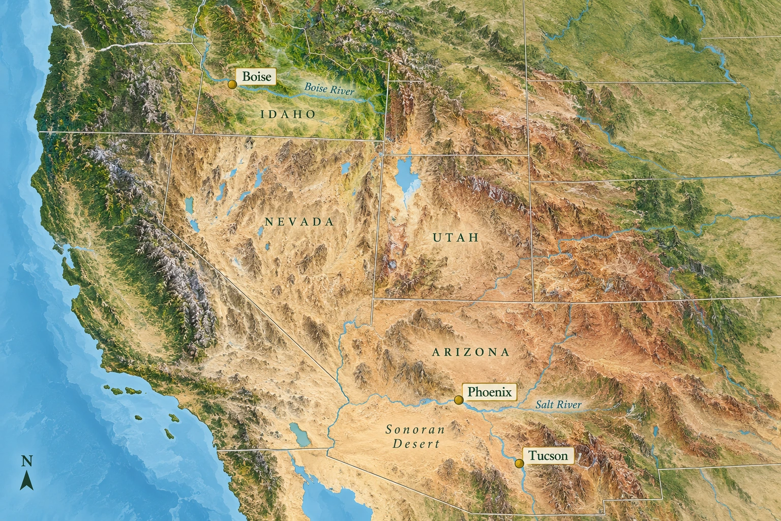 Boise, Phoenix and Tucson A western relief atlas places Boise in southwest Idaho, Phoenix in central Arizona and Tucson farther southeast in the desert basin.