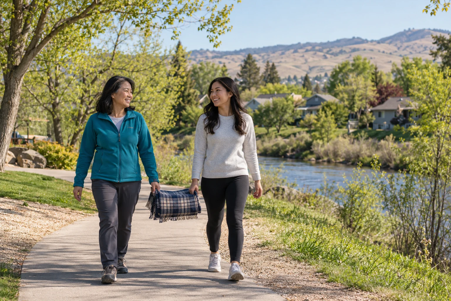 A Boise outing that belongs in the week Two women carry a folded blanket along a riverside path with low houses and dry foothills beyond.