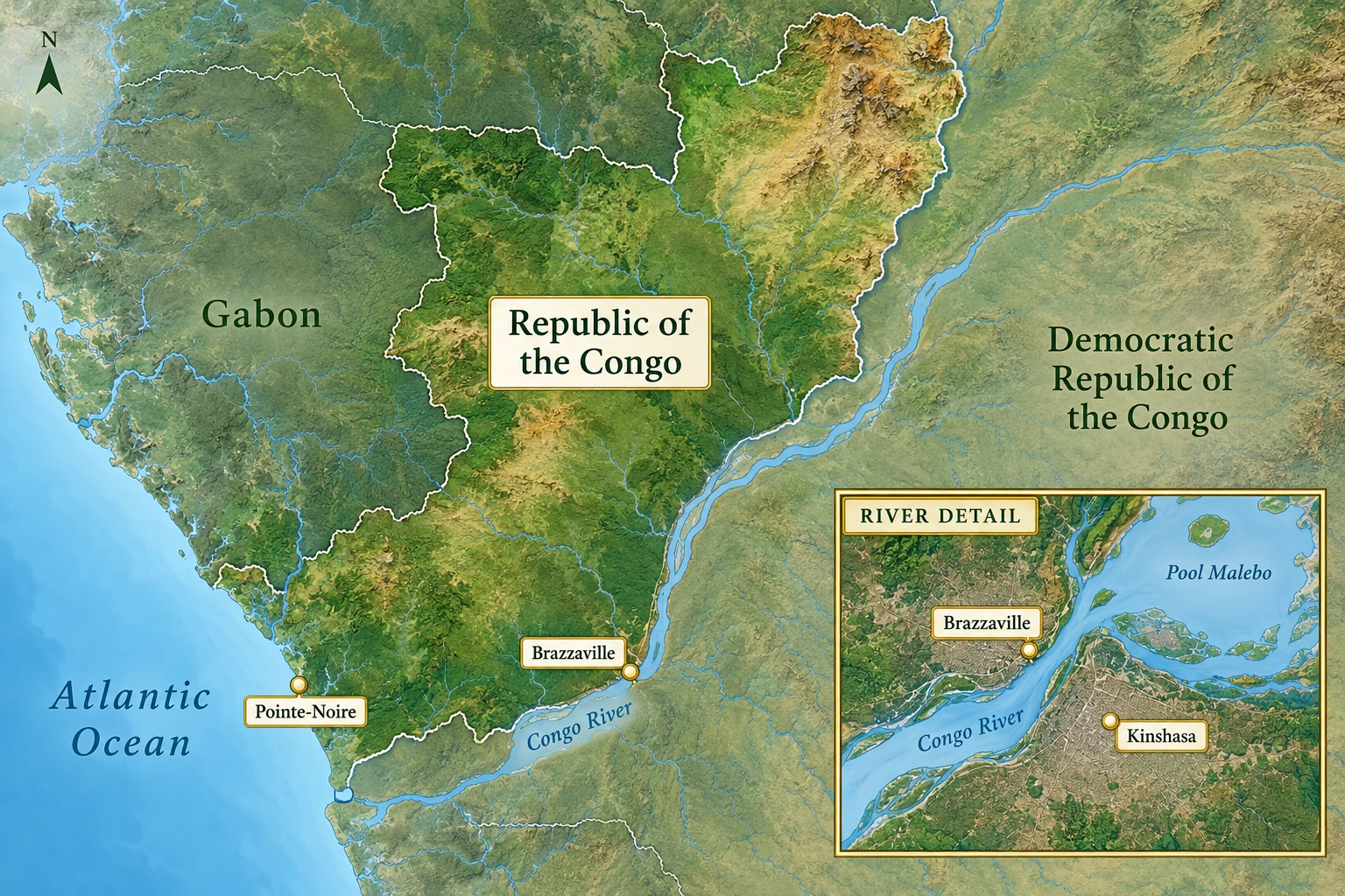 Brazzaville in the Republic of the Congo A relief atlas distinguishes the Republic of the Congo from the DRC, with Brazzaville inland, Pointe-Noire on the Atlantic and a river-detail inset.